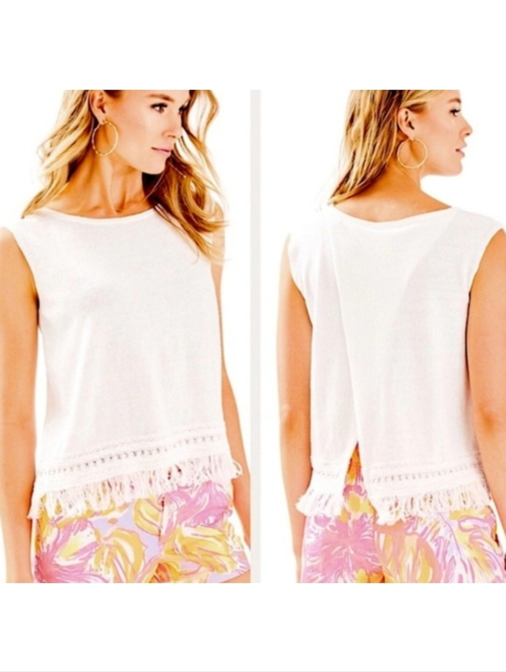 NWT Lilly Pulitzer White Edenwood Cotton Linen Crochet Fringe Tank Size XL